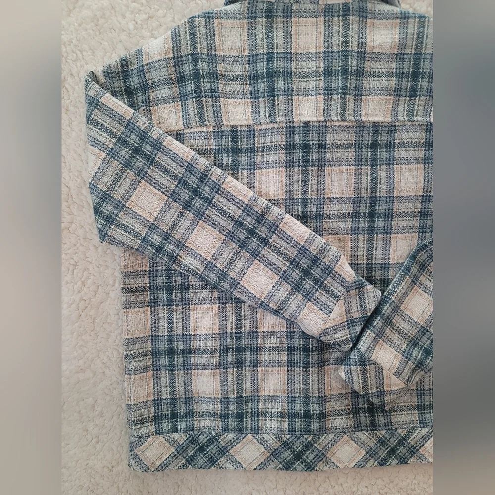 Boston Traders SZ-M Plaid Flannel Shirt+Jacket=Shacket Teal Cream MINT CONDITION